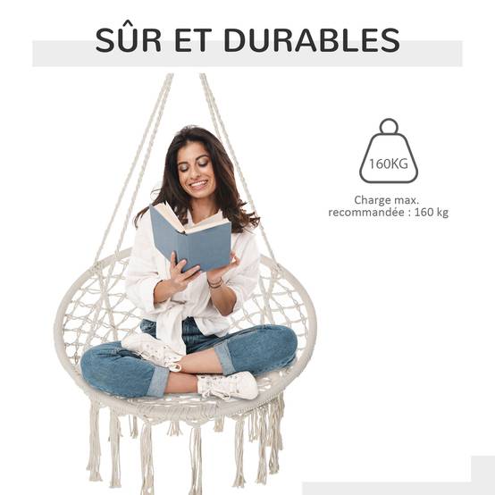 Fauteuil suspendu macramé coton jardin dossier rond enveloppant 80cm beige - ComfortXL Outdoor Living - Image 7