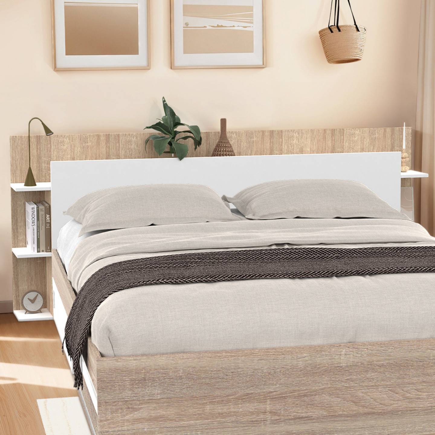 Tête de lit sur pied CIRI pour lit 140 et 160 cm avec rangements blanc et bois - Image 1