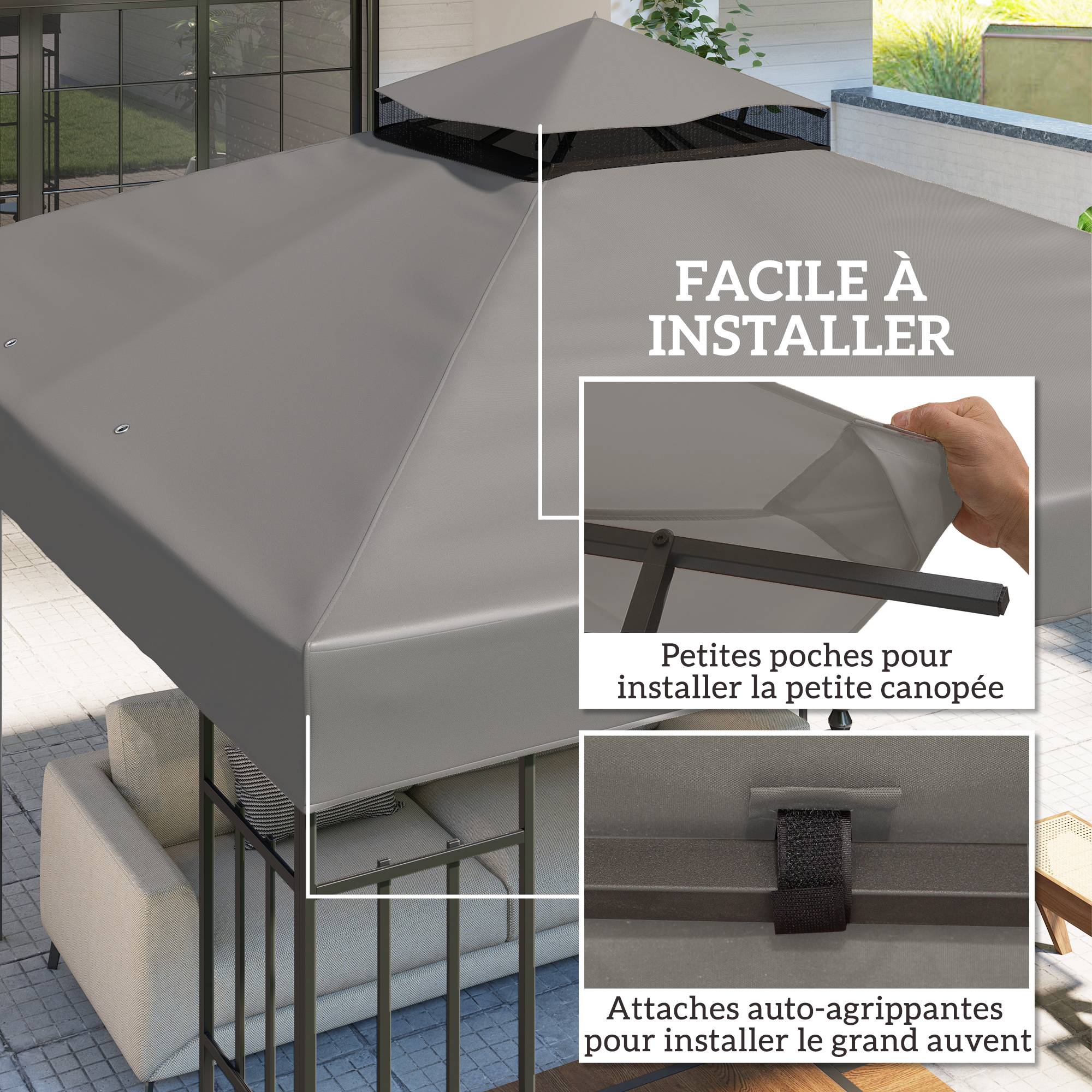 Toile pour tonnelle 3 x 3 m toile de rechange pour tonnelle à 2 niveaux protection UPF30+ trous de drainage gris - Image 7