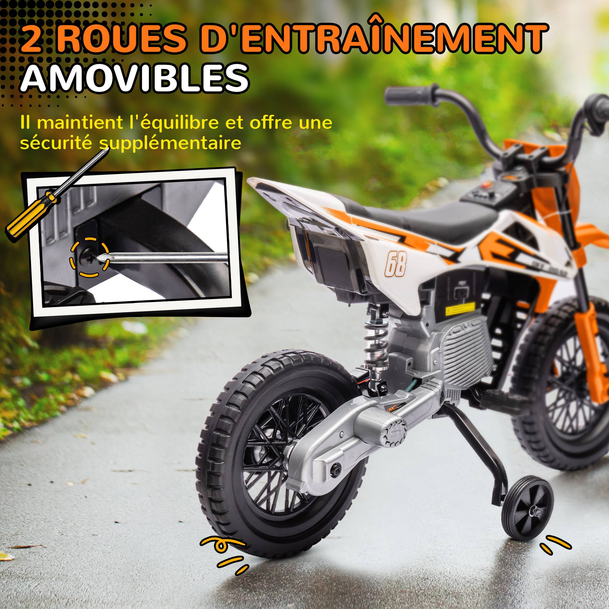 Moto électrique pour enfant moto cross pour enfants de 3 à 6 ans 2 moteurs 12V vitesse 5 km/h 109,5x60x72,5cm orange - Image 7