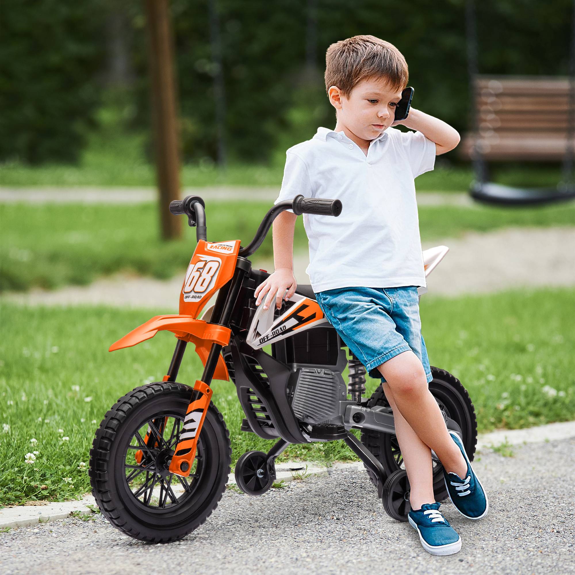Moto électrique pour enfant moto cross pour enfants de 3 à 6 ans 2 moteurs 12V vitesse 5 km/h 109,5x60x72,5cm orange - Image 3
