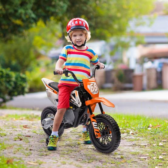 Moto électrique pour enfant moto cross pour enfants de 3 à 6 ans 2 moteurs 12V vitesse 5 km/h 109,5x60x72,5cm orange - Image 4