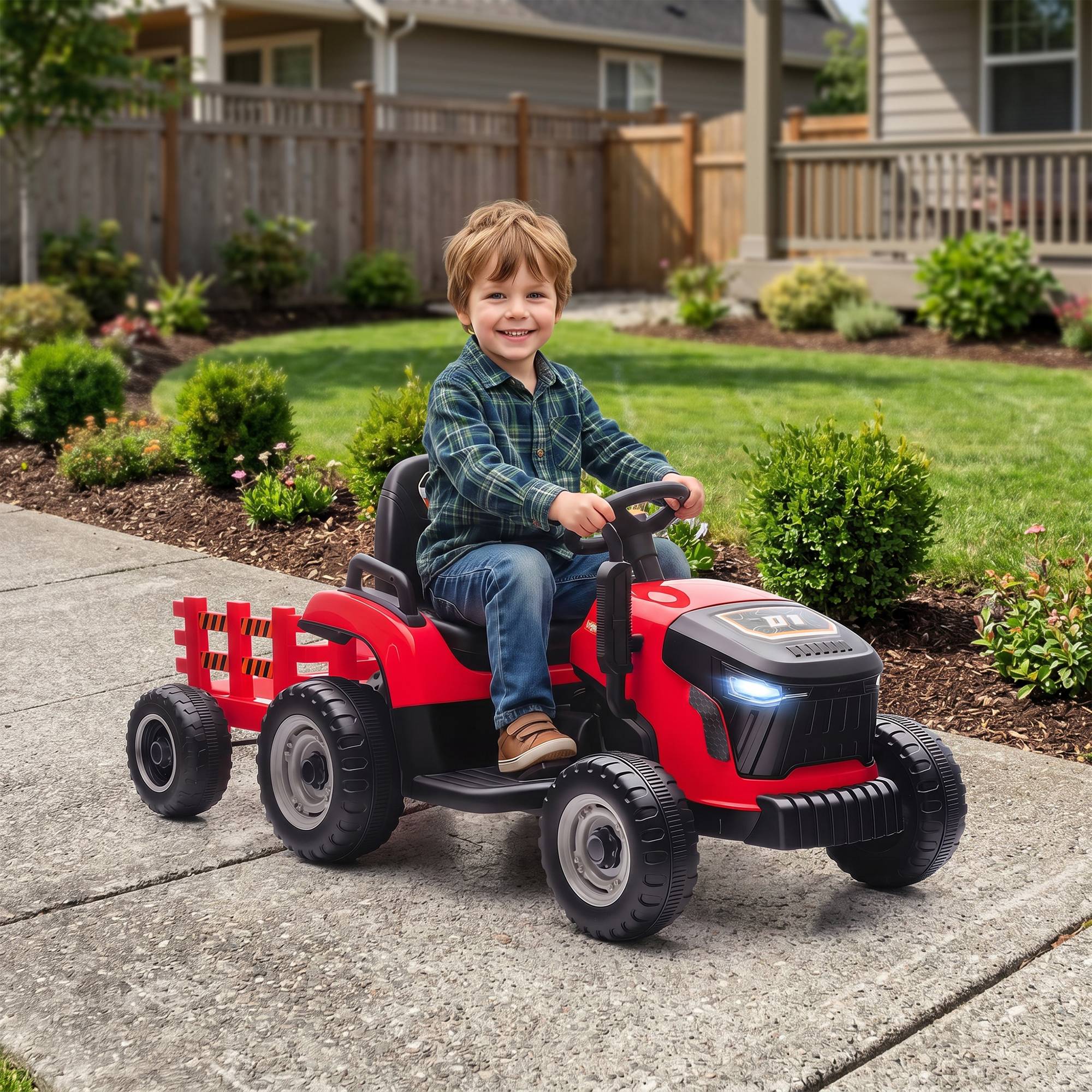 2 en 1 tracteur électrique pour enfants 3-8 ans, remorque détachable, télécommande, musique, lumières, rouge - Image 4