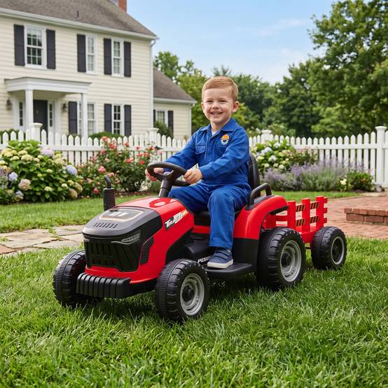 2 en 1 tracteur électrique pour enfants 3-8 ans, remorque détachable, télécommande, musique, lumières, rouge - Image 3