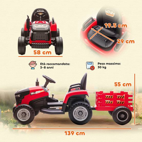 2 en 1 tracteur électrique pour enfants 3-8 ans, remorque détachable, télécommande, musique, lumières, rouge - Image 5