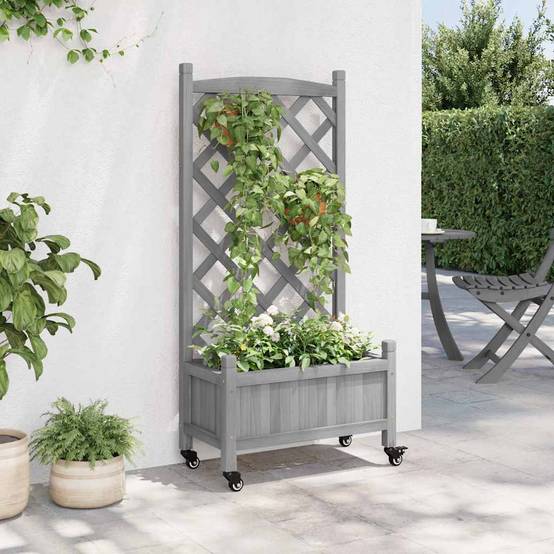 Vidaxl - Jardinière avec treillis et roues gris bois massif de sapin vidaXL 3207648 - Image 4
