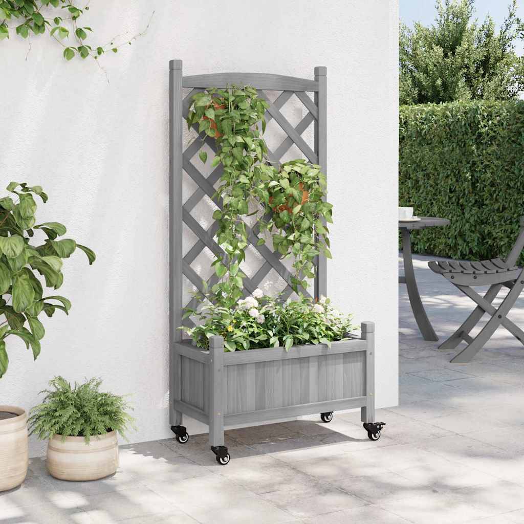 Vidaxl - Jardinière avec treillis et roues gris bois massif de sapin vidaXL 3207648 - Image 4