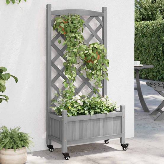 Vidaxl - Jardinière avec treillis et roues gris bois massif de sapin vidaXL 3207648 - Image 1