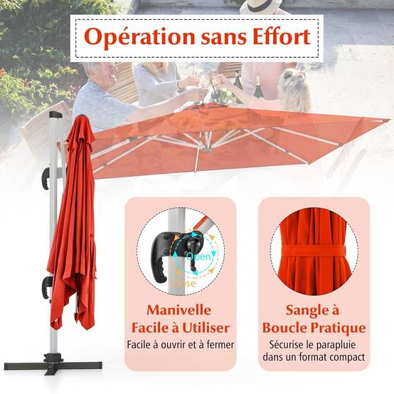 Parasol Déporté 3x3M, Parasol de Jardin Carré avec Base en Croix, Parasol Inclinable avec 5 Angles et Hauteurs Réglables Orange - Image 8