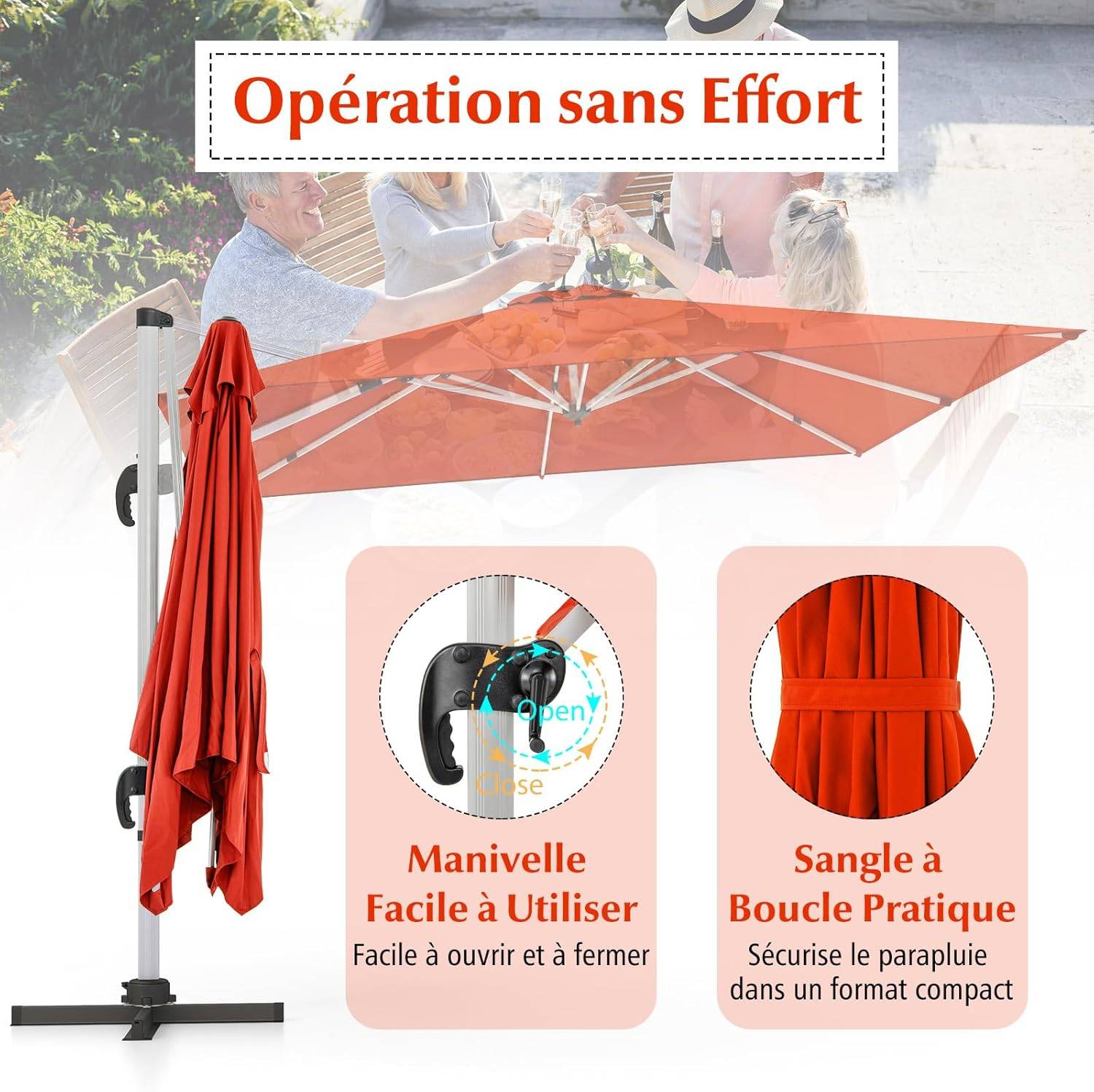 Parasol Déporté 3x3M, Parasol de Jardin Carré avec Base en Croix, Parasol Inclinable avec 5 Angles et Hauteurs Réglables Orange - Image 8