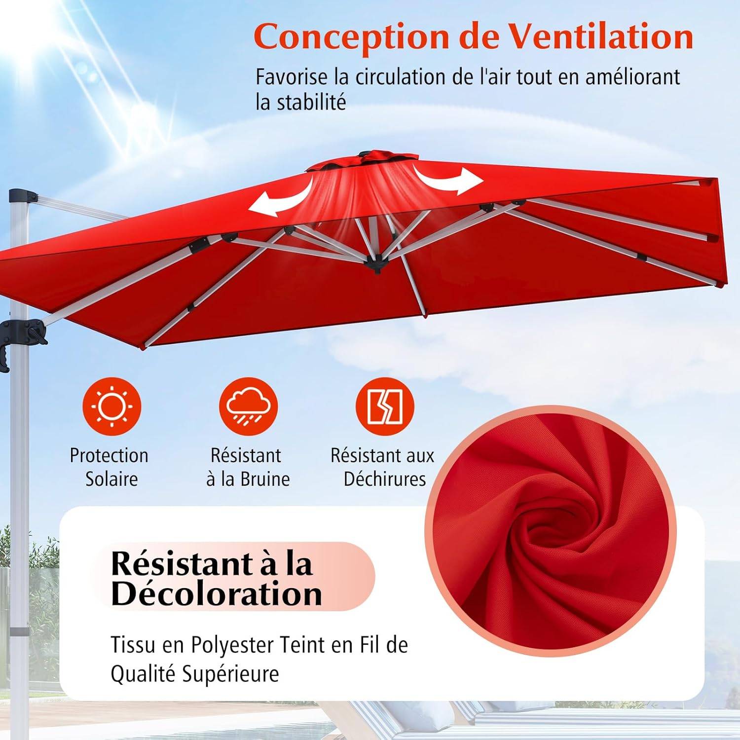 Parasol Déporté 3x3M, Parasol de Jardin Carré avec Base en Croix, Parasol Inclinable avec 5 Angles et Hauteurs Réglables Orange - Image 5