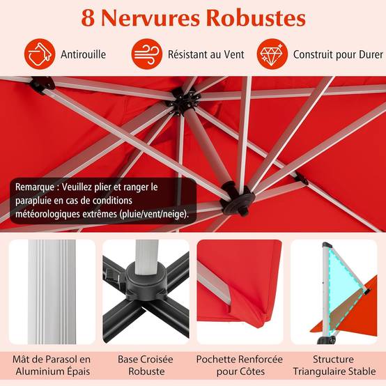 Parasol Déporté 3x3M, Parasol de Jardin Carré avec Base en Croix, Parasol Inclinable avec 5 Angles et Hauteurs Réglables Orange - Image 9