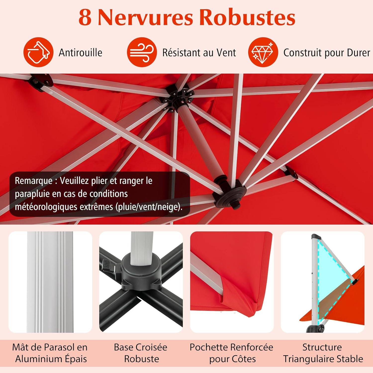 Parasol Déporté 3x3M, Parasol de Jardin Carré avec Base en Croix, Parasol Inclinable avec 5 Angles et Hauteurs Réglables Orange - Image 9