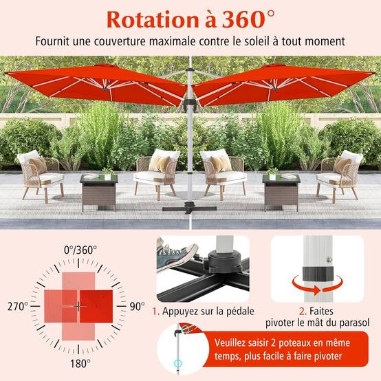 Parasol Déporté 3x3M, Parasol de Jardin Carré avec Base en Croix, Parasol Inclinable avec 5 Angles et Hauteurs Réglables Orange - Image 7