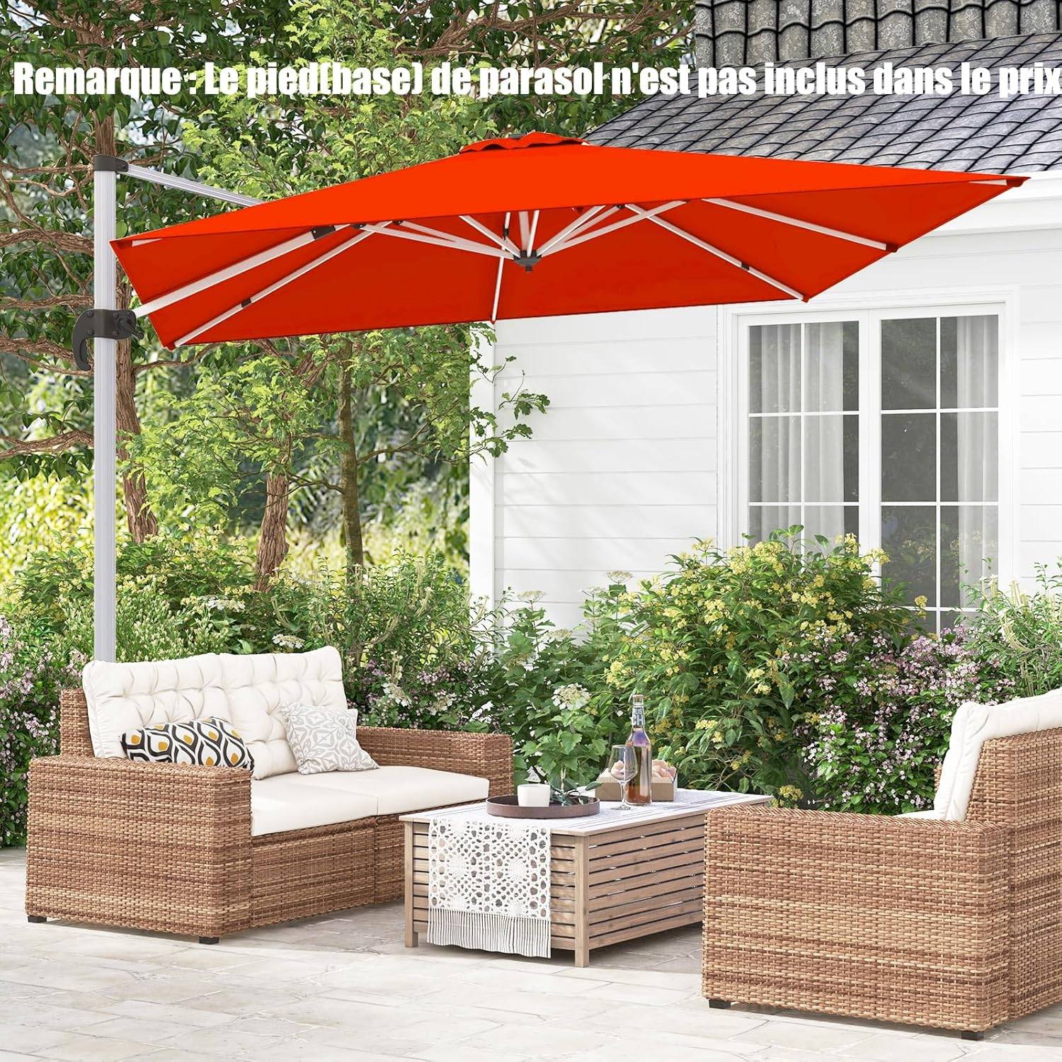 Parasol Déporté 3x3M, Parasol de Jardin Carré avec Base en Croix, Parasol Inclinable avec 5 Angles et Hauteurs Réglables Orange - Image 2
