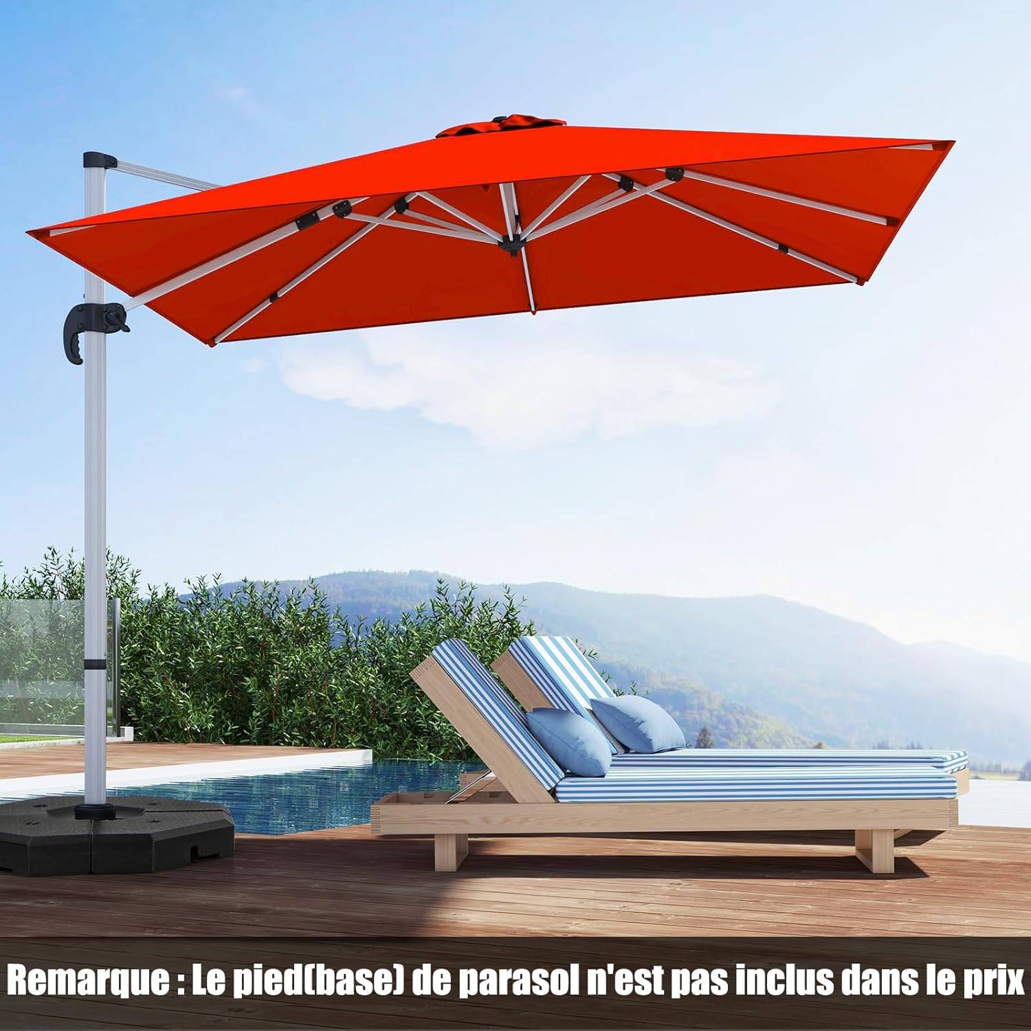 Parasol Déporté 3x3M, Parasol de Jardin Carré avec Base en Croix, Parasol Inclinable avec 5 Angles et Hauteurs Réglables Orange - Image 4