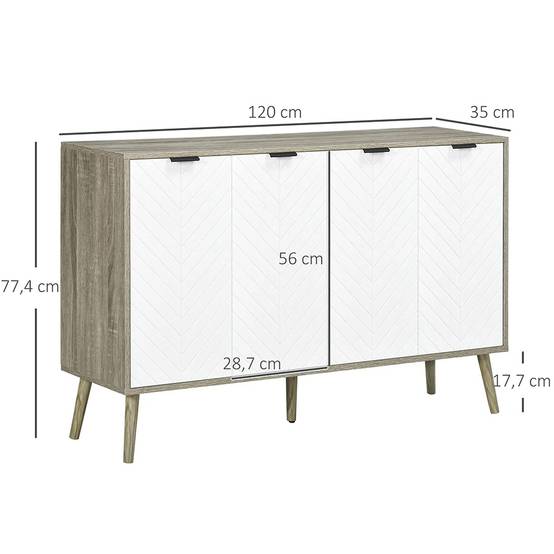 KOMHTOM - Buffet bas meuble de rangement 2 placards 4 portes motif chevrons étagères réglables 120 x 35 x 77,4 cm blanc et gris - Image 4