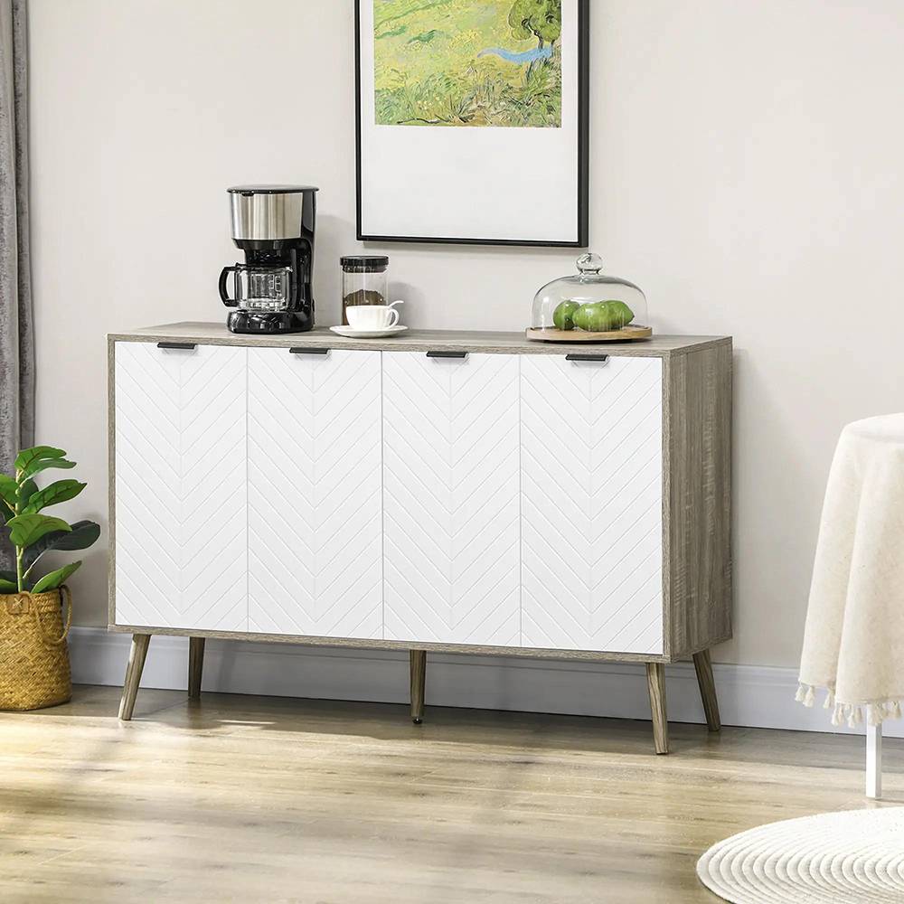 KOMHTOM - Buffet bas meuble de rangement 2 placards 4 portes motif chevrons étagères réglables 120 x 35 x 77,4 cm blanc et gris - Image 1