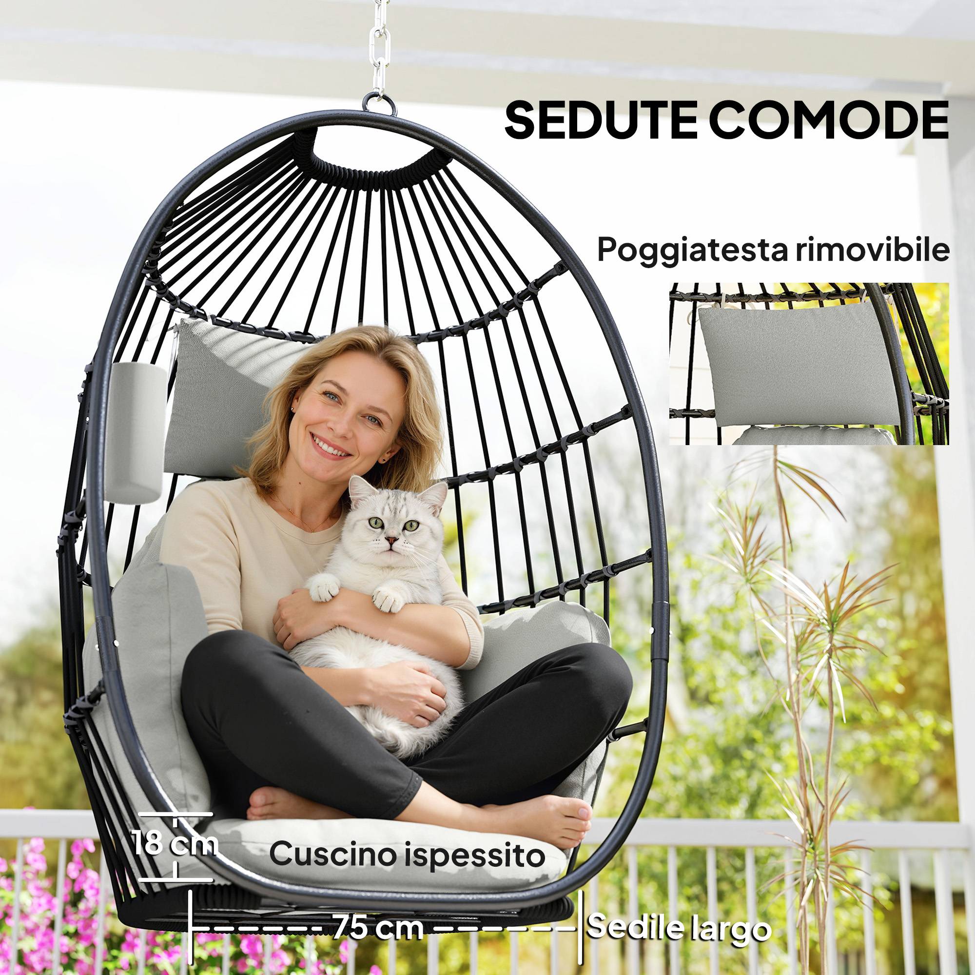 Fauteuil œuf suspendu acier extérieur sans support coussin 75x62x107 cm gris - ComfortXL Outdoor Living - Image 8