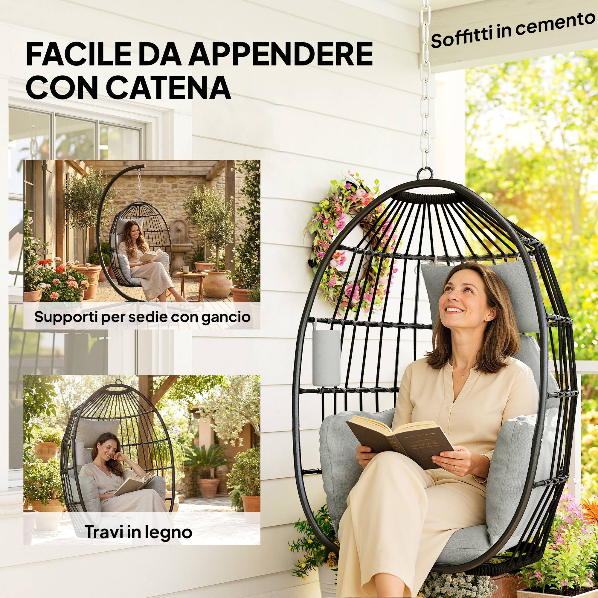 Fauteuil œuf suspendu acier extérieur sans support coussin 75x62x107 cm gris - ComfortXL Outdoor Living - Image 10