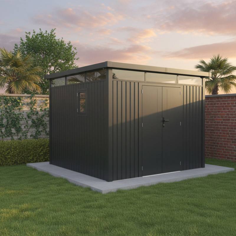 X-Metal - Abri de jardin 8,64m² acier galvanisé gris foncé toit plat Kosto X-Metal avec kit d'ancrage - Image 5
