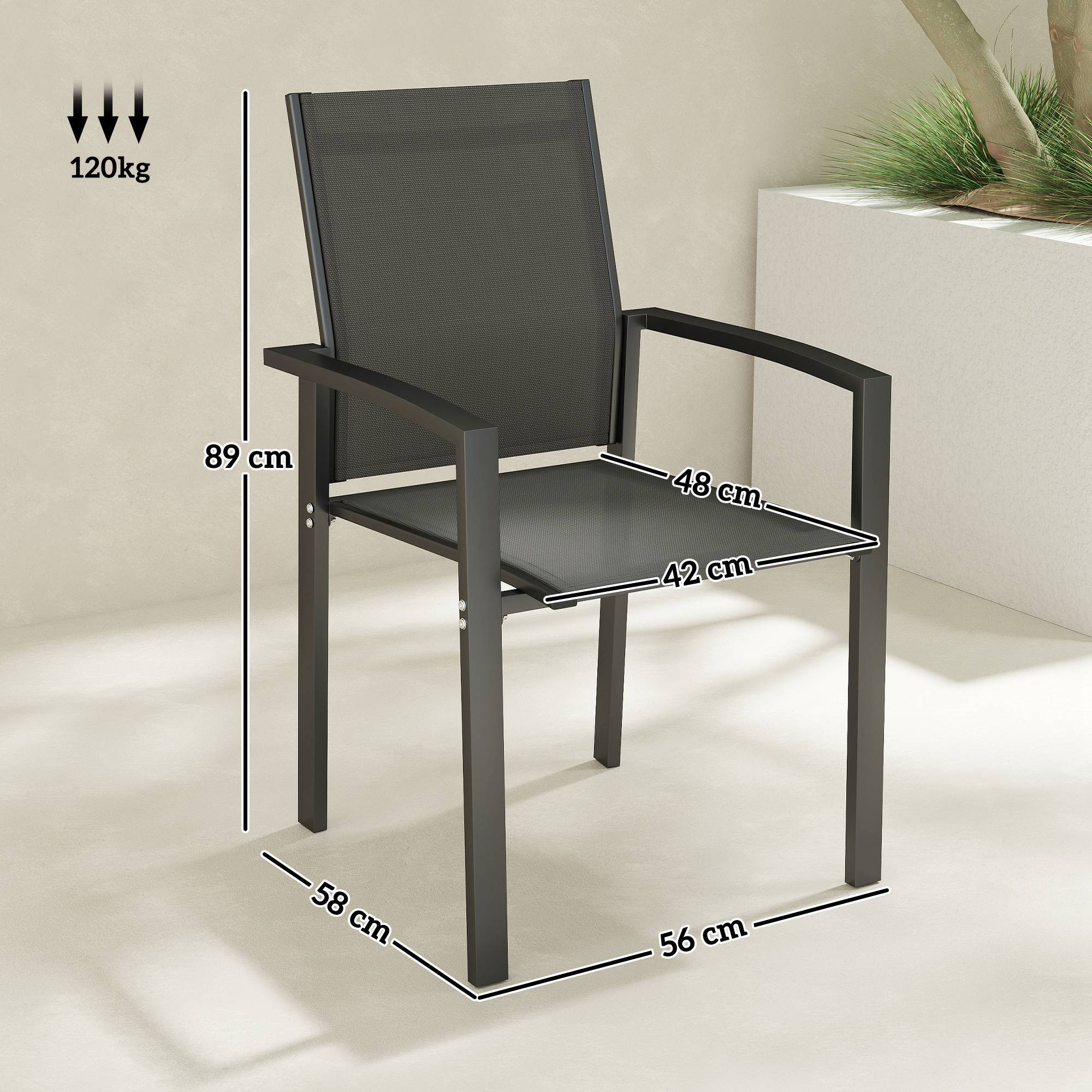 Outsunny - Lot de 2 chaises de jardin empilables - respirant - avec accoudoirs - en aluminium et textilène - gris foncé - Outsunny - Image 3