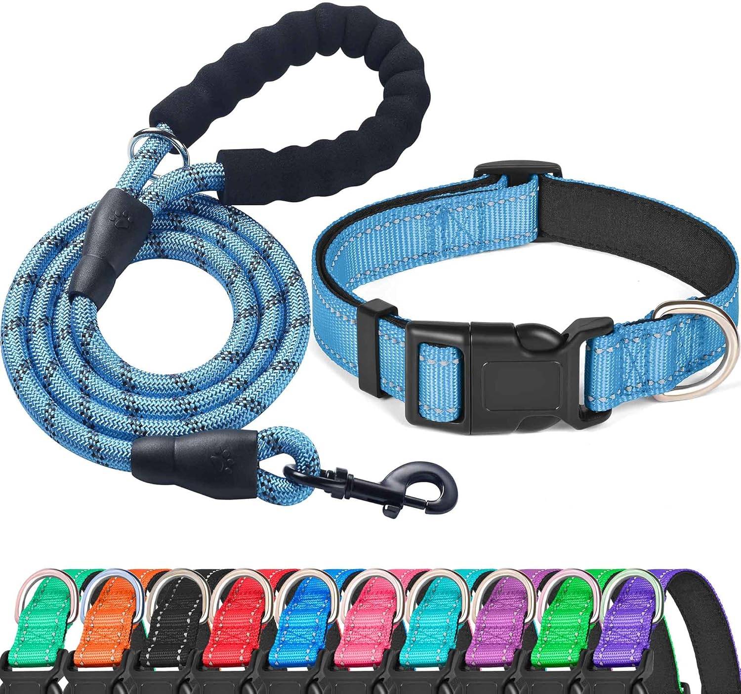 Collier réfléchissant pour chien, doux, respirant, réglable, pour chiens (taille M (1 pack), collier bleu vif + laisse).-Lytech - Image 1