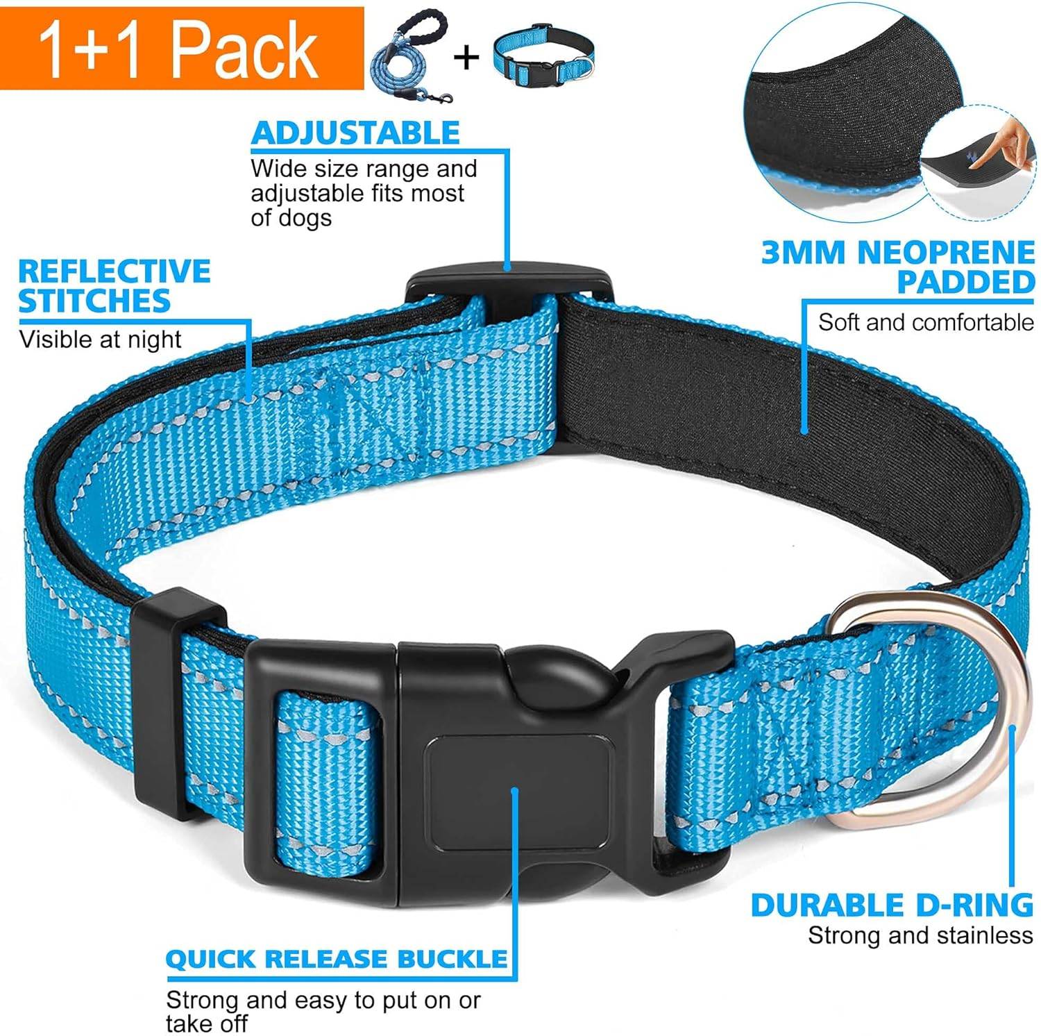 Collier réfléchissant pour chien, doux, respirant, réglable, pour chiens (taille M (1 pack), collier bleu vif + laisse).-Lytech - Image 3