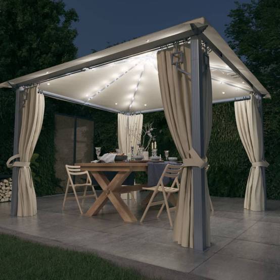 Pavillon en Aluminium avec Rideaux Moustiquaires et Éclairage LED pour Jardin Crème 3x3 m – ComfortXL Outdoor Living - Image 1
