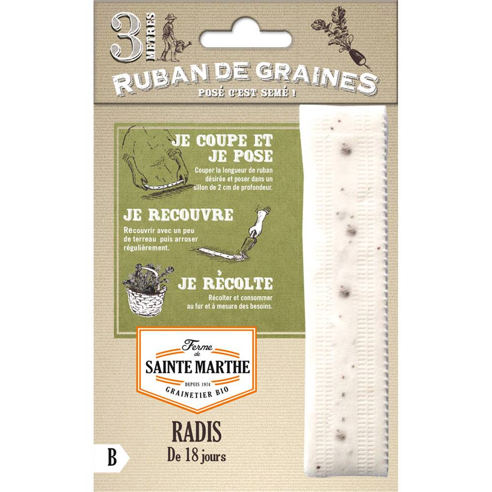 Carte ruban de Radis de 18 jours - Bio - Ferme de Sainte Marthe Livré en ruban de 3 mètres