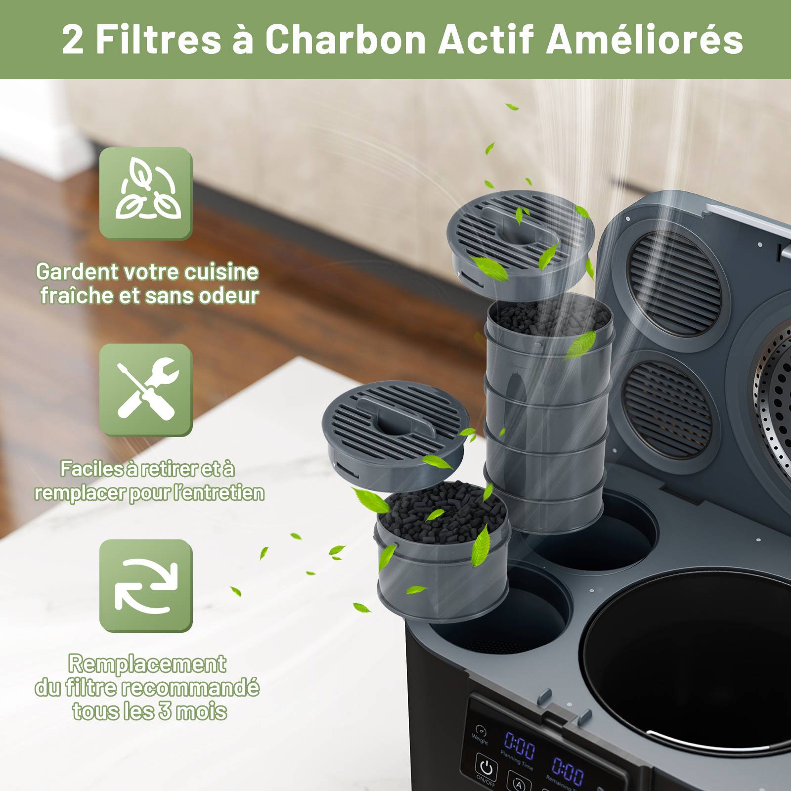 Costway - Composteur Cuisine Électrique Intelligent 4L, Poubelle Compost Cuisine Automatique Rapide de Comptoir avec Affichage LED, Auto-Nettoyage, Noir - Image 4