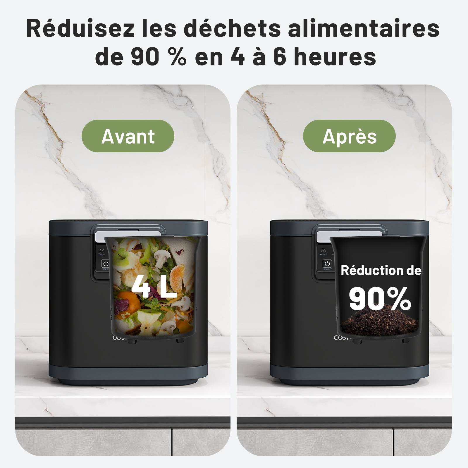 Costway - Composteur Cuisine Électrique Intelligent 4L, Poubelle Compost Cuisine Automatique Rapide de Comptoir avec Affichage LED, Auto-Nettoyage, Noir - Image 5
