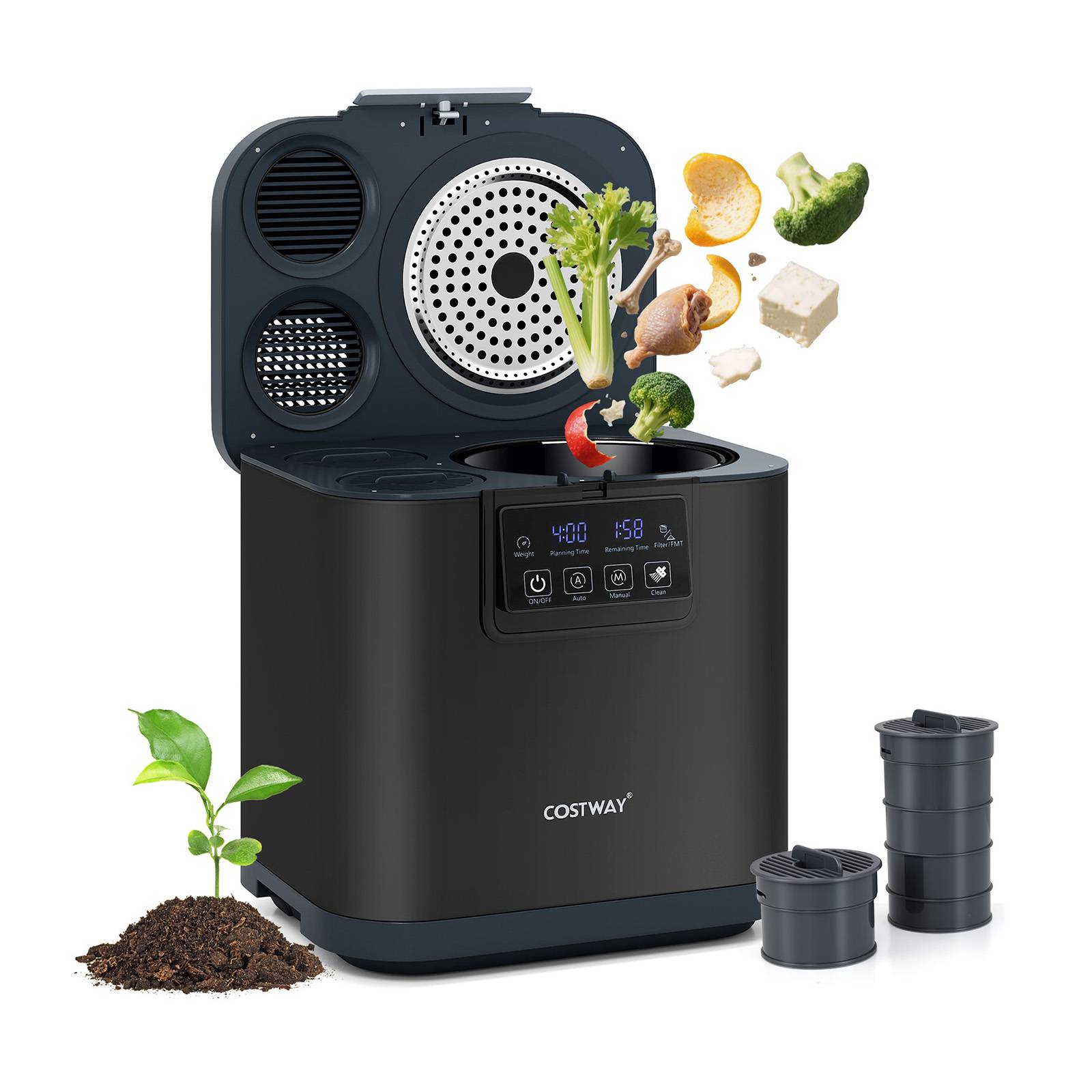 Costway - Composteur Cuisine Électrique Intelligent 4L, Poubelle Compost Cuisine Automatique Rapide de Comptoir avec Affichage LED, Auto-Nettoyage, Noir - Image 1