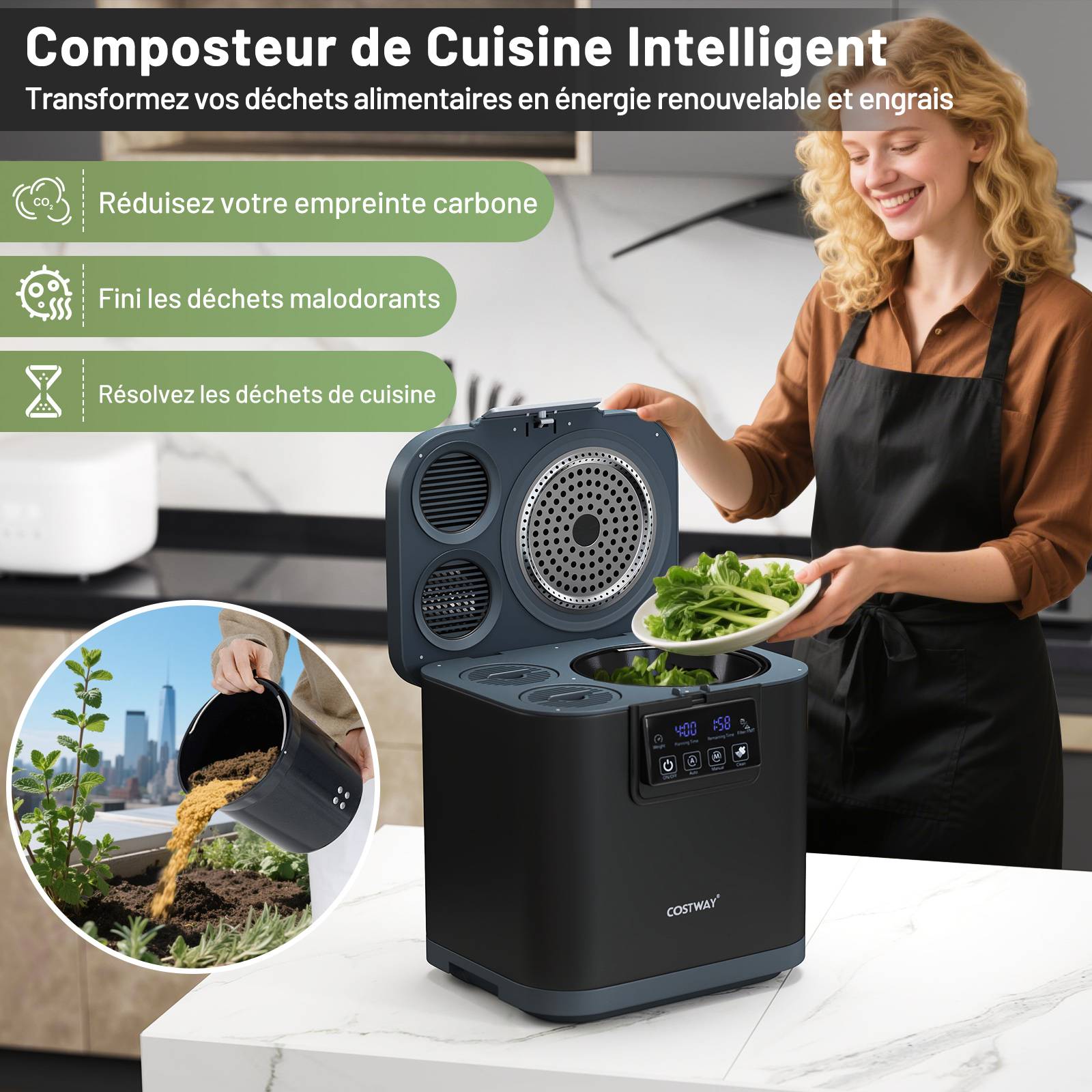 Costway - Composteur Cuisine Électrique Intelligent 4L, Poubelle Compost Cuisine Automatique Rapide de Comptoir avec Affichage LED, Auto-Nettoyage, Noir - Image 2