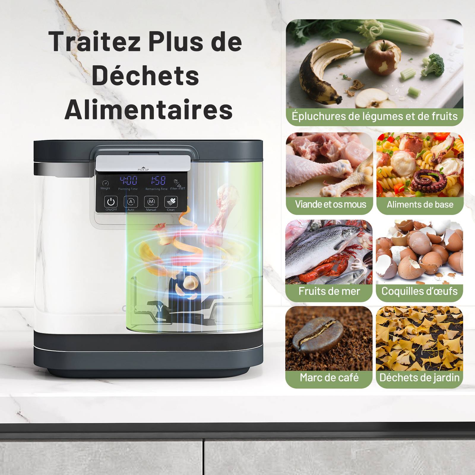 Costway - Composteur Cuisine Électrique Intelligent 4L, Poubelle Compost Cuisine Automatique Rapide de Comptoir avec Affichage LED, Auto-Nettoyage, Noir - Image 3