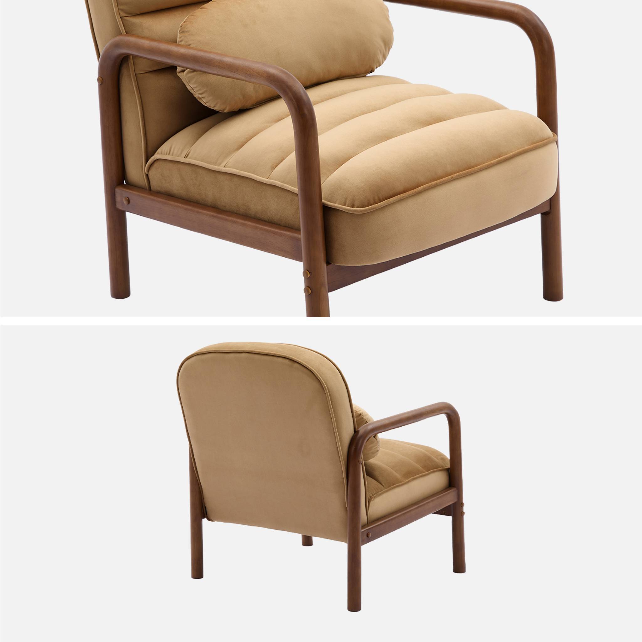 sweeek - Fauteuil scandinave bois d'hévéa teinté noyer et tissu velours cappuccino | sweeek - Image 5