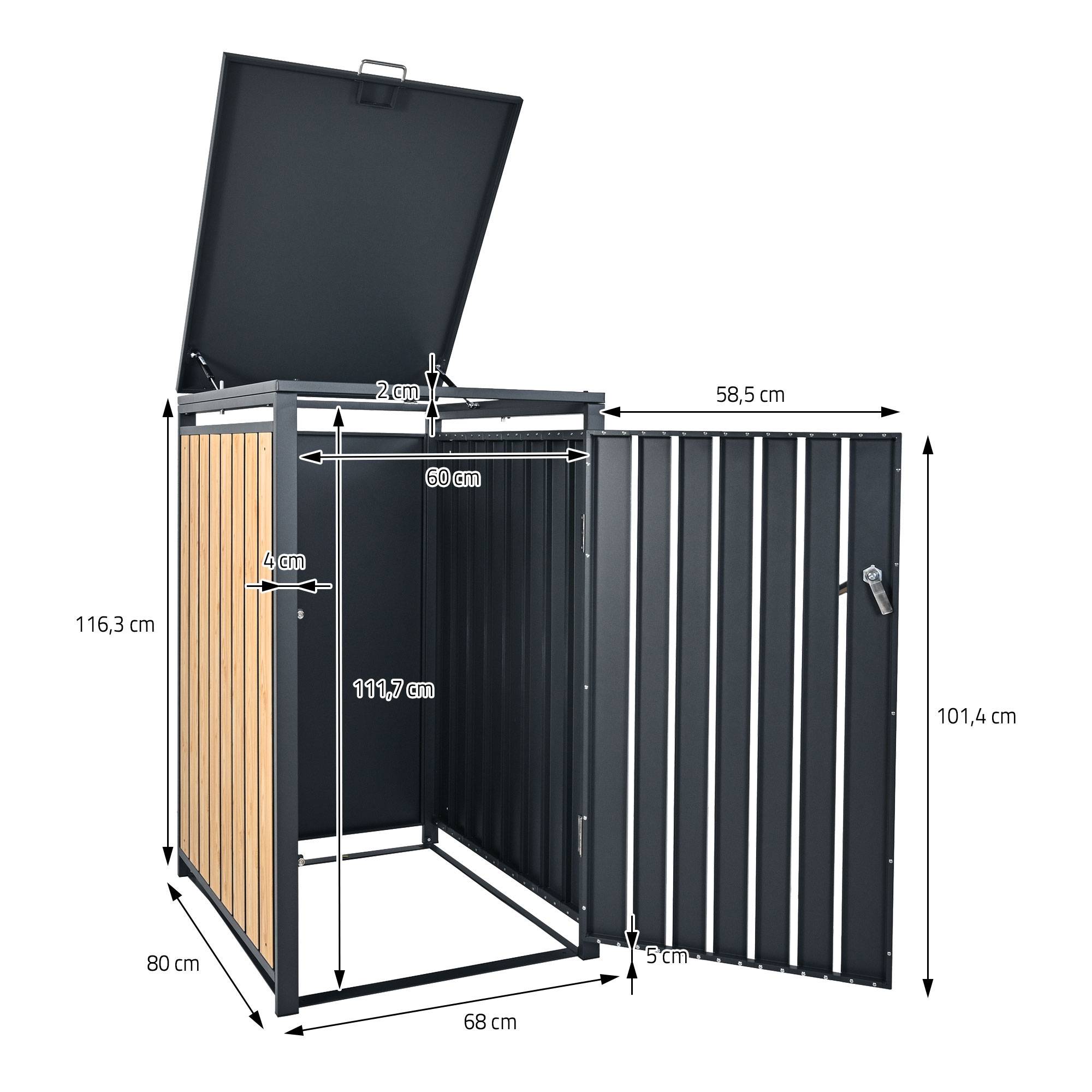 Abri pour 3 poubelles 200x80x116,3 cm capacité de 60L à 240L anthracite/aspect mélèze acier couvercle rabattable/3 portes résistant aux intempéries - Image 8
