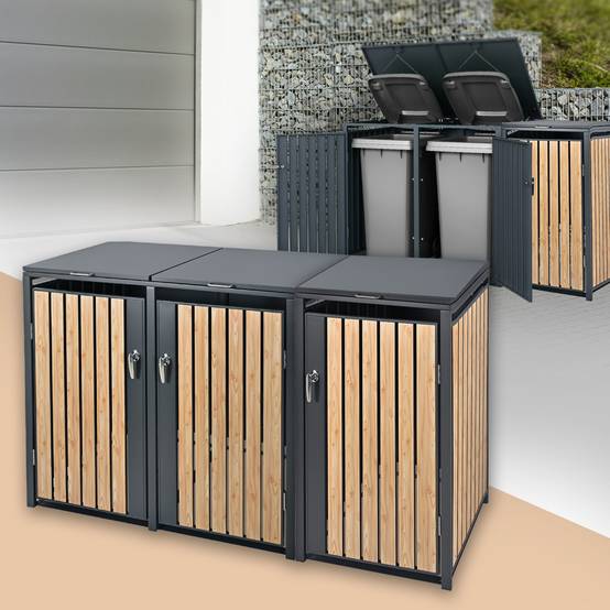 Abri pour 3 poubelles 200x80x116,3 cm capacité de 60L à 240L anthracite/aspect mélèze acier couvercle rabattable/3 portes résistant aux intempéries - Image 2