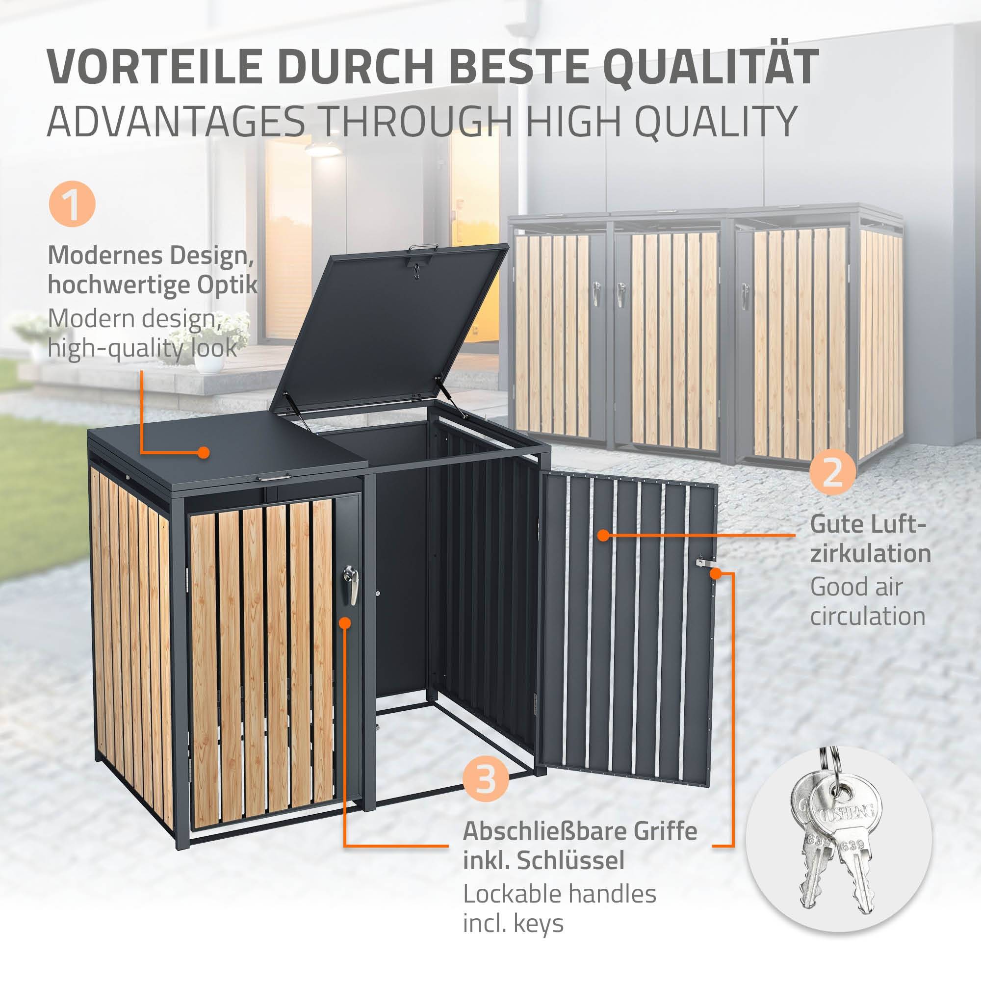 Abri pour 3 poubelles 200x80x116,3 cm capacité de 60L à 240L anthracite/aspect mélèze acier couvercle rabattable/3 portes résistant aux intempéries - Image 4