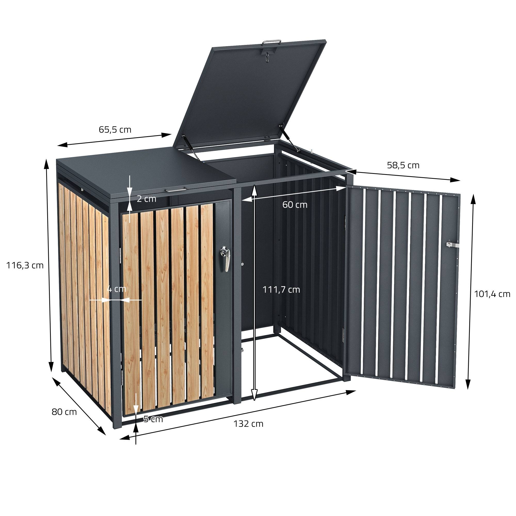 Abri pour 3 poubelles 200x80x116,3 cm capacité de 60L à 240L anthracite/aspect mélèze acier couvercle rabattable/3 portes résistant aux intempéries - Image 9