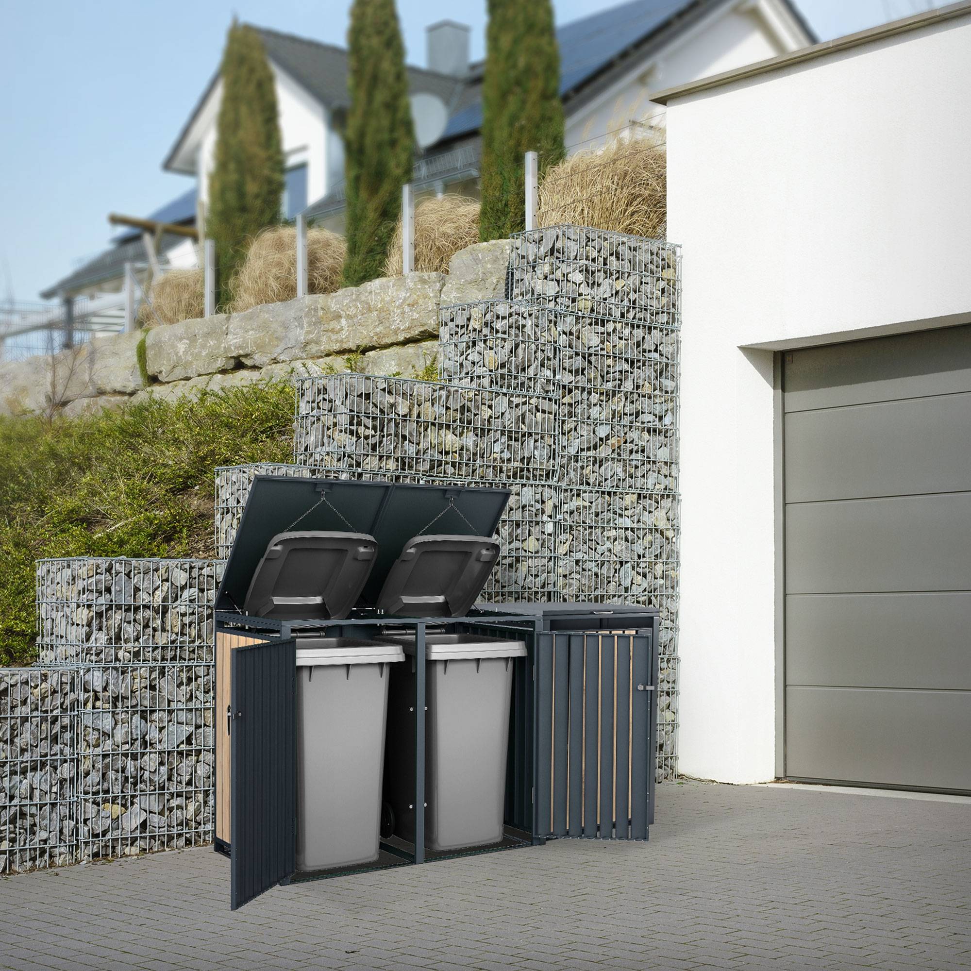 Abri pour 3 poubelles 200x80x116,3 cm capacité de 60L à 240L anthracite/aspect mélèze acier couvercle rabattable/3 portes résistant aux intempéries - Image 10