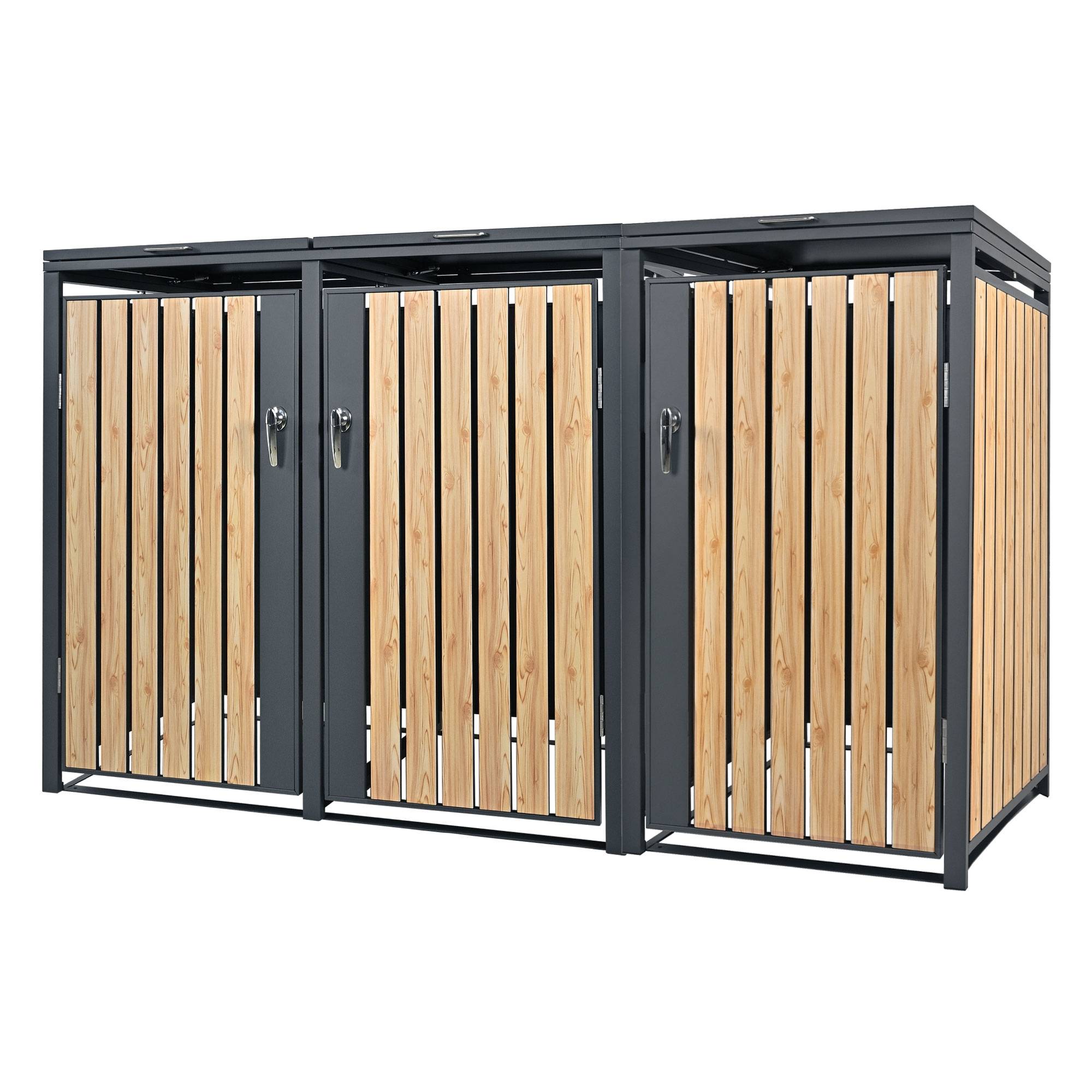 Abri pour 3 poubelles 200x80x116,3 cm capacité de 60L à 240L anthracite/aspect mélèze acier couvercle rabattable/3 portes résistant aux intempéries - Image 1