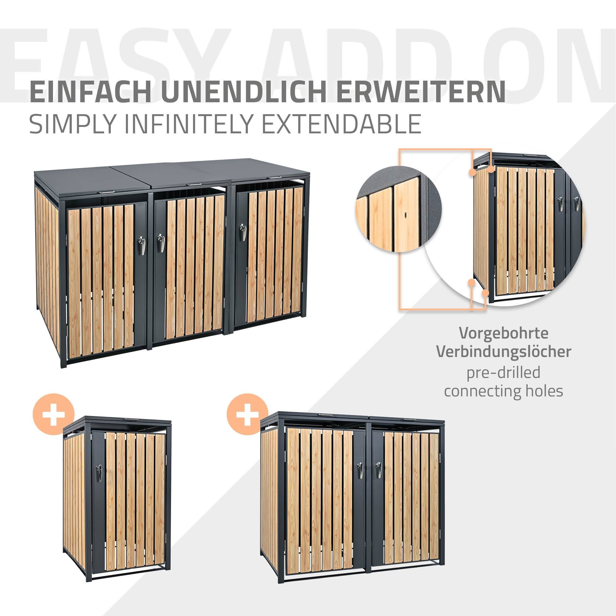 Abri pour 3 poubelles 200x80x116,3 cm capacité de 60L à 240L anthracite/aspect mélèze acier couvercle rabattable/3 portes résistant aux intempéries - Image 7