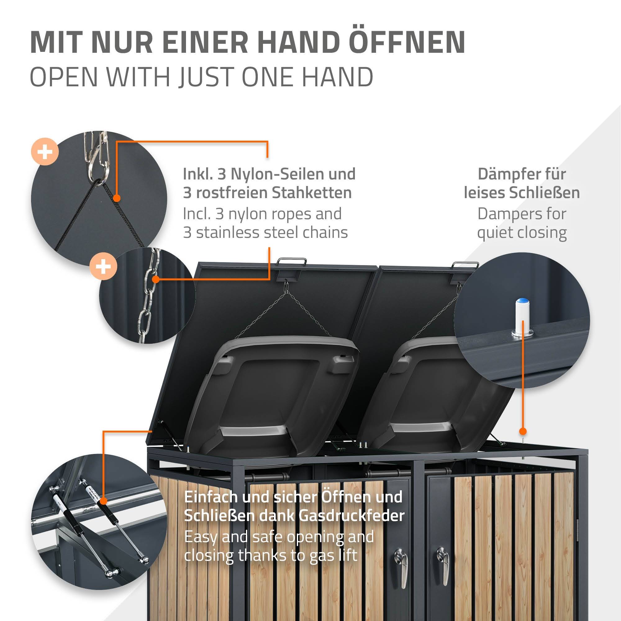 Abri pour 3 poubelles 200x80x116,3 cm capacité de 60L à 240L anthracite/aspect mélèze acier couvercle rabattable/3 portes résistant aux intempéries - Image 5