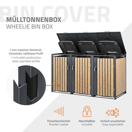 Abri pour 3 poubelles 200x80x116,3 cm capacité de 60L à 240L anthracite/aspect mélèze acier couvercle rabattable/3 portes résistant aux intempéries - Image 3