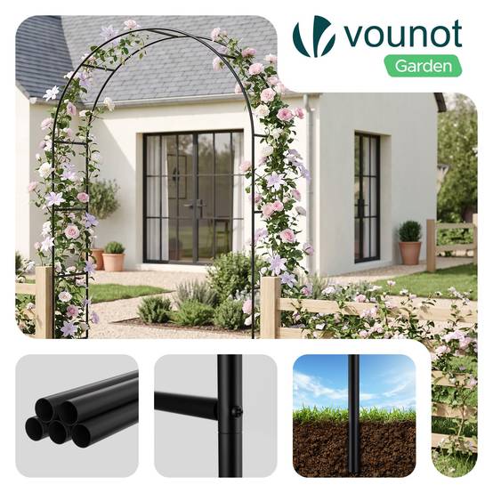 Vounot - Lot de 2 Arches de jardin en métal noir 140x37x240 cm - Support pour plantes grimpantes et rosiers - Structure modulable - VOUNOT® - Image 6