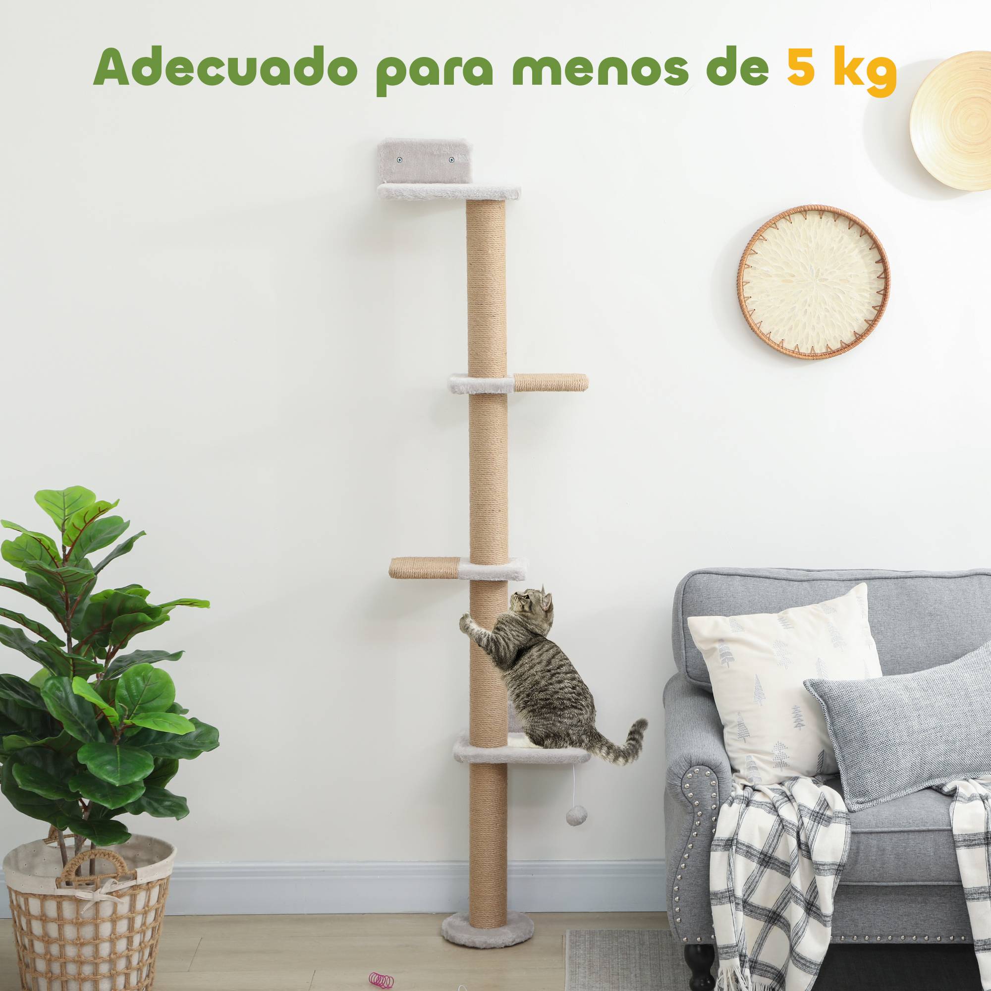 Arbre à chat mural à 5 niveaux, griffoir étroit avec balle et poteaux à griffer, 48 x 21 x 180 cm, gris clair - Image 9
