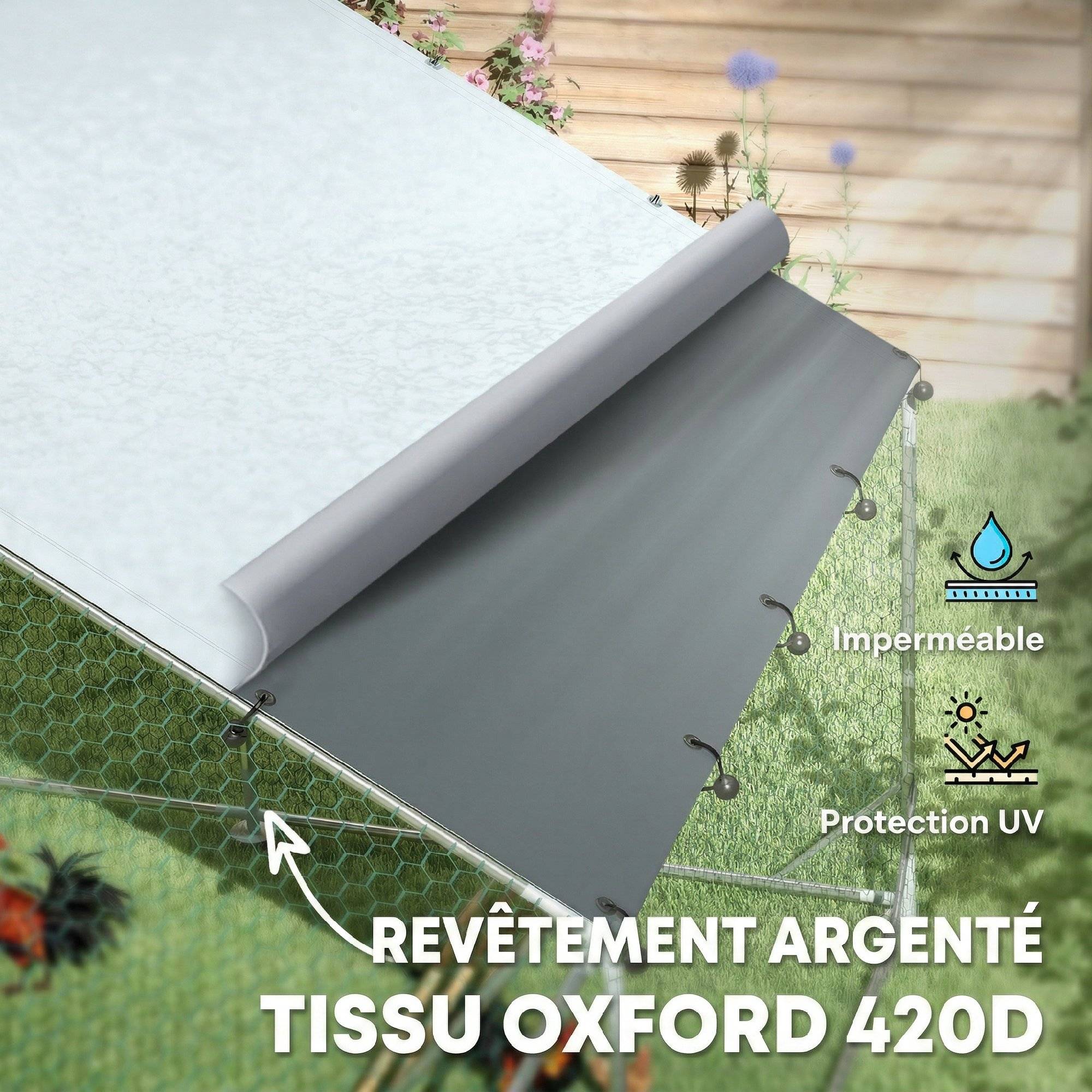 Enclos poulailler extérieur parc grillagé 12 m² avec perchoir et mangeoire acier galvanisé Ø25mm 300x400x195cm argent - Image 9