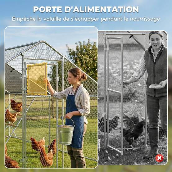 Enclos poulailler extérieur parc grillagé 12 m² avec perchoir et mangeoire acier galvanisé Ø25mm 300x400x195cm argent - Image 8
