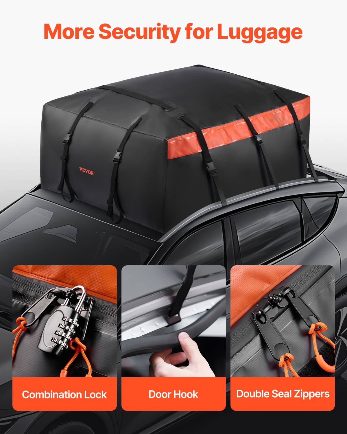 VEVOR Sac de toit voiture 651 L, étanche PVC 840D, serrure, tapis anti-dérapant, 6 crochets. - Image 6